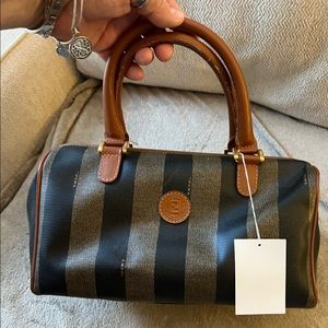 Vintage FENDI pecan stripe Speedy style handbag, with brown leather trimming.